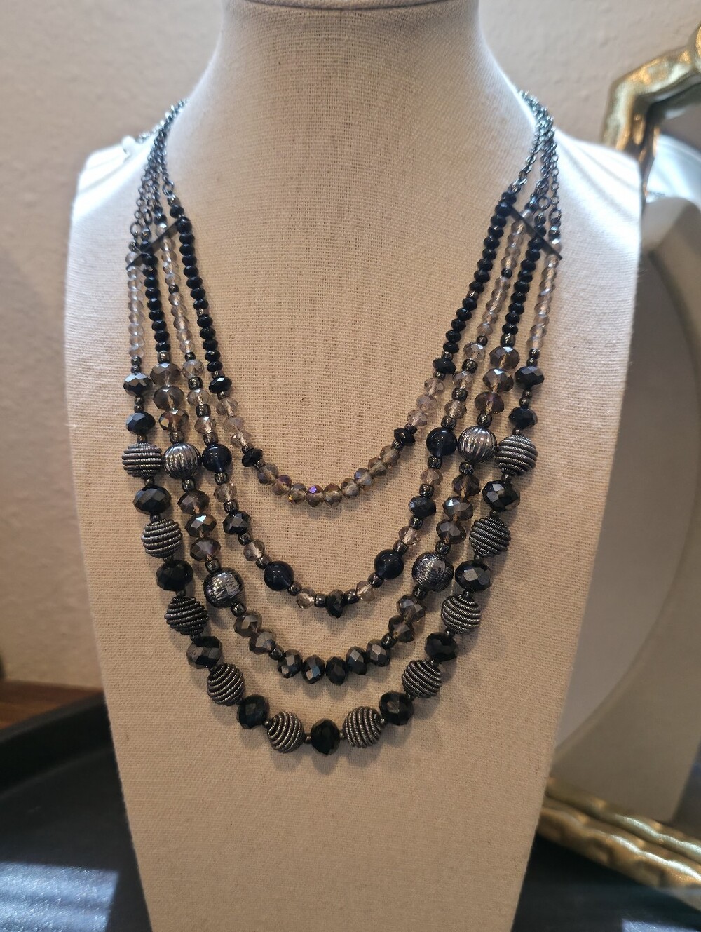 Multi-Strand Black & Smoky Crystal Beaded Statement Necklace - Picture 3 of 4